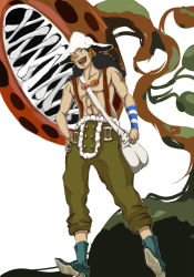 Rule 34 | 1boy, carnivorous plant, hand on own hip, hat, headphones, male focus, one piece, plant, pop green, solo, standing, suspenders, usopp