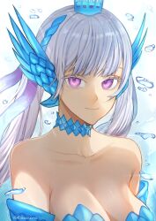 Rule 34 | 1girl, bare shoulders, black clover, blue choker, breasts, choker, cleavage, closed mouth, crown, ear ornament, grey hair, hair ribbon, highres, large breasts, looking at viewer, low twintails, medium breasts, noelle silva, purple eyes, ribbon, rizaavana, smile, solo, twintails, twitter username, water drop