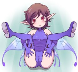 Rule 34 | 1girl, bare shoulders, breasts, brown hair, cameltoe, closed mouth, covered erect nipples, elbow gloves, eyebrows, fairy, fairy wings, frown, gloves, hands on legs, legs up, leotard, looking at viewer, lying, medium breasts, nollety, on back, pixie (megami tensei), pointy ears, purple gloves, purple leotard, purple thighhighs, red eyes, shin megami tensei, short hair, solo, spread legs, thighhighs, wings