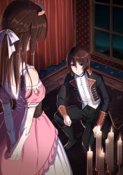 Rule 34 | 1boy, 1girl, arms behind back, bad id, bad pixiv id, blush, brown hair, candle, candlestand, curtains, dress, exit tunes, formal, gloves, highres, kneeling, long hair, night, on one knee, phantania, purple eyes, seitou no marche, short hair, suit, tiara, vocaloid