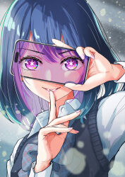 Rule 34 | 1girl, arakan, arm up, black sweater vest, blue hair, blush, bow, bowtie, cellphone, chromatic aberration, collared shirt, commentary request, finger to mouth, hair between eyes, highres, holding, holding phone, hoshino ai (oshi no ko), kurokawa akane, light particles, long sleeves, looking at viewer, medium hair, nail polish, oshi no ko, parted lips, partial commentary, phone, pink nails, plaid, plaid bow, plaid bowtie, purple eyes, purple hair, school uniform, shirt, sidelocks, smartphone, smile, solo, star-shaped pupils, star (symbol), sweater vest, symbol-shaped pupils, upper body, white shirt