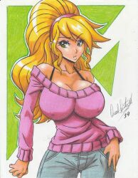 Rule 34 | 1girl, 2019, absurdres, artist name, bare shoulders, blonde hair, breasts, cleavage, collarbone, cowboy shot, denim, eyeshadow, female focus, green eyes, hairband, hand on pocket, highres, jeans, large breasts, long hair, makeup, nina (sanity not included), pants, pink hairband, pink sweater, ponytail, ravernclouk design, sanity not included, sidelocks, simple background, solo, standing, sweater, traditional media