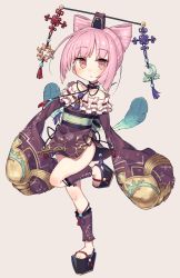 Rule 34 | 1girl, atelier (series), atelier sophie, bare shoulders, blush, chibi, cone hair bun, corneria (atelier), frills, hair bun, hair ornament, japanese clothes, kimono, looking at viewer, pink eyes, pink hair, short hair, sleeves past wrists, solo, wagashi928