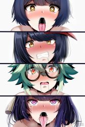 Rule 34 | 4girls, astraea (atelierastraea), bad tag, blue hair, blush, clenched teeth, crying, crying with eyes open, genshin impact, glasses, green hair, hair between eyes, heart, heart-shaped pupils, highres, kujou sara, looking at viewer, mole, mole under eye, multiple girls, open mouth, portrait, purple eyes, purple hair, raiden shogun, saliva, semi-rimless eyewear, sexually suggestive, stray pubic hair, sucrose (genshin impact), symbol-shaped pupils, tears, teeth, tongue, tongue out, white background, xiangling (genshin impact), yellow eyes
