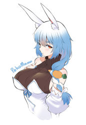 Rule 34 | 1girl, animal ear fluff, animal ears, blue hair, blue nails, braid, breasts, bright pupils, butter-t, carrot, character name, detached sleeves, fingernails, food on hair, hair over shoulder, hand on own chest, hololive, large breasts, long hair, looking at viewer, mature female, multicolored hair, nail polish, parted lips, pekomama, photoshop (medium), rabbit ears, rabbit girl, red eyes, ribbed sweater, side braid, sleeveless, sleeveless sweater, solo, sweater, two-tone hair, upper body, virtual youtuber, white pupils