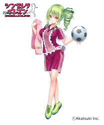 Rule 34 | 1girl, asymmetrical hair, ball, bow, breasts, center frills, character request, cinderella eleven, cinderella series, cleats, collarbone, copyright name, copyright notice, drill hair, drill sidelocks, frilled shirt, frills, green footwear, green hair, heart, highres, holding, holding ball, large breasts, logo, medium breasts, official art, pink towel, purple bow, purple shirt, purple shorts, shirt, shorts, sidelocks, soccer ball, solo, teltelhousi, towel, two-tone shirt, two-tone shorts, yellow eyes