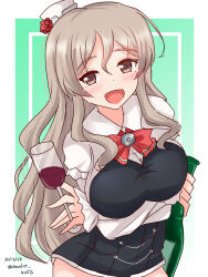 Rule 34 | 1girl, alcohol, ascot, blush, bottle, collared shirt, corset, cup, dated, drinking glass, drunk, grey hair, hair between eyes, hat, highres, holding, holding bottle, kantai collection, mini hat, no pants, open mouth, pola (kancolle), sawatani (chevalier 04056), shirt, signature, solo, thick eyebrows, tilted headwear, twitter username, wavy hair, wine, wine bottle, wine glass