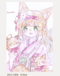 1girl animal animal_ear_fluff animal_ears arknights bad_id bad_pixiv_id blonde_hair character_name colored_tips commentary_request dated dated_commentary flower fox fox_ears fox_girl green_eyes hair_flower hair_ornament hairband haru_(aona1122) highres japanese_clothes kimono looking_at_viewer multicolored_hair official_alternate_costume one-hour_drawing_challenge open_mouth pink_kimono red_hairband solo suzuran_(arknights) suzuran_(yukibare)_(arknights) traditional_media two-tone_hair white_hair