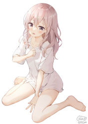Rule 34 | 1girl, barefoot, between legs, blouse, blush, borrowed clothes, brown hair, collarbone, commentary request, dated, female focus, full body, grey eyes, hair between eyes, hand between legs, inui sajuna, long hair, looking at viewer, neki (wakiko), open mouth, shirt, short sleeves, signature, simple background, sitting, solo, sono bisque doll wa koi wo suru, wariza, white background, white shirt