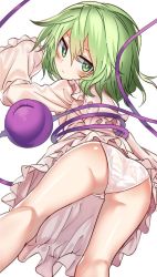 Rule 34 | 1girl, ass, bare legs, bent over, bright pupils, cameltoe, commentary request, green eyes, green hair, hair between eyes, half-closed eyes, komeiji koishi, looking at viewer, looking back, manarou, panties, simple background, sleeves past wrists, solo, thighhighs, touhou, underwear, white background, white panties, wide sleeves