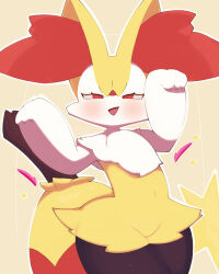 Rule 34 | 1girl, animal ear fluff, animal ears, animal nose, black fur, blush, body fur, braixen, cowboy shot, creatures (company), fang, female focus, flat chest, fox ears, fox girl, fox tail, furry, furry female, game freak, gen 6 pokemon, groin, half-closed eyes, hands up, happy, heart, highres, looking at viewer, multicolored fur, navel, neck fur, nintendo, open mouth, outline, paw pose, pokemon, pokemon (creature), red eyes, sakuyan (sakuyan1007), smile, snout, solo, standing, star (symbol), stick, stomach, tail, thick thighs, thighs, white fur, white outline, wide hips, yellow background, yellow fur