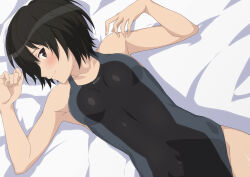 Rule 34 | 1girl, absurdres, amagami, arms up, bed sheet, black hair, blush, bob cut, breasts, competition swimsuit, highres, looking at viewer, medium breasts, nanasaki ai, one-piece swimsuit, school swimsuit, short hair, shou937, smile, solo, swimsuit