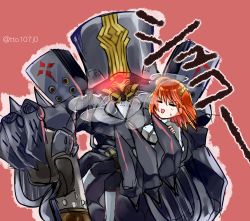 Rule 34 | 1boy, 1girl, ahoge, armor, belt, blush, boots, breasts, carrying, charles babbage (fate), closed eyes, fate/grand order, fate (series), fujimaru ritsuka (female), hair ornament, mecha, open mouth, orange hair, pantyhose, red background, robot, short hair, side ponytail, skirt