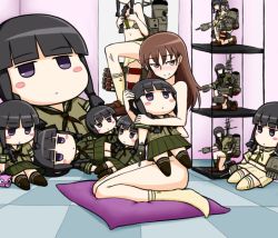 Rule 34 | 10s, 1girl, black hair, blunt bangs, blush stickers, brown eyes, brown hair, censored, character doll, convenient censoring, doll, figure, hamu koutarou, kantai collection, kitakami (kancolle), kitakami kai ni (kancolle), long hair, nude, ooi (kancolle), ooi kai ni (kancolle), personification, pleated skirt, poster (object), school uniform, serafuku, skirt, solo, stuffed toy, too many, torn clothes