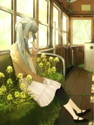 Rule 34 | 1girl, aqua hair, bad id, bad pixiv id, capri pants, casual, closed eyes, day, female focus, flower, from side, fujino iro, full body, hand on own thigh, hatsune miku, indoors, long hair, nature, pants, sitting, smile, solo, twintails, vocaloid, wooden floor