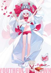 Rule 34 | 1girl, arms up, bare legs, bare shoulders, book, bow, bowtie, broken glass, cup, dress, drinking glass, flat chest, flower, full body, glass, highres, kaede (shijie heping), long hair, navel, open mouth, original, pedestal, petals, red bow, red eyes, red flower, red rose, red shorts, rose, short shorts, shorts, smile, socks, solo, statue, twintails, veil, white dress, white hair, white socks