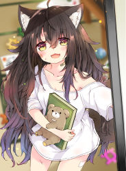 Rule 34 | 1girl, :d, ahoge, animal ear fluff, animal ears, bandaid, bandaid on neck, blurry, blurry background, blush, book, breasts, brown eyes, brown hair, collarbone, commentary request, depth of field, dirty, dirty face, fang, highres, long hair, looking at viewer, mito (go!go!king!), hugging object, off shoulder, open mouth, original, oversized clothes, oversized shirt, shirt, short sleeves, small breasts, smile, solo, standing, stuffed animal, stuffed toy, tail, teddy bear, very long hair, white shirt, wolf ears, wolf girl, wolf tail