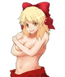 Rule 34 | 1girl, blonde hair, blush, bow, breast hold, breasts, cleavage, collarbone, covering privates, covering breasts, embarrassed, female focus, hair bow, hair ornament, hair ribbon, large breasts, navel, red bow, red skirt, ribbon, satsuki rin, skirt, solo, stomach, tareme, topless, touhou, transparent background, upper body, yellow eyes