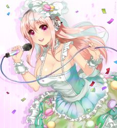Rule 34 | 1girl, blush, breasts, cleavage, food, food-themed hair ornament, glint, hair ornament, headphones, highres, large breasts, long hair, looking at viewer, macaron, microphone, music, nitroplus, open mouth, pink background, pink eyes, pink hair, pita (ppp), singing, smile, solo, super sonico, veil