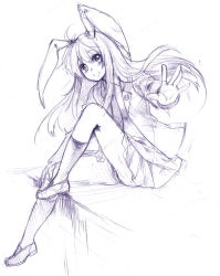 Rule 34 | 1girl, animal ears, blazer, female focus, foreshortening, graphite (medium), jacket, long hair, monochrome, outstretched arm, outstretched hand, rabbit ears, reisen udongein inaba, sitting, sketch, smile, solo, touhou, traditional media, usa (artist), usaki (ama)