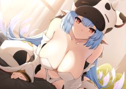 Rule 34 | 1girl, absurdres, animal ears, animal print, ao (aokisora ao), bare shoulders, bikini, blue hair, blush, breasts, catura (granblue fantasy), cleavage, cow ears, cow girl, cow hat, cow horns, cow print, detached sleeves, draph, ear piercing, girl on top, granblue fantasy, highres, horns, large breasts, long hair, looking at viewer, navel, orange eyes, piercing, pointy ears, short shorts, shorts, solo focus, straddling, swimsuit, thighhighs, thighs, white bikini, white shorts, white thighhighs, wide sleeves
