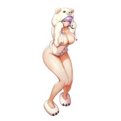 Rule 34 | 1girl, animal costume, animal hood, areola slip, atalanta (last origin), bear hood, bear slippers, blush, bottomless, breasts, censored, cleavage, collarbone, covering nipples, covering privates, embarrassed, full body, game cg, green eyes, highres, hood, hood up, kakiman, large breasts, last origin, legs together, looking at viewer, naked shirt, no bra, no panties, official art, purple hair, shirt, simple background, slippers, solo, tachi-e, thighs, transparent background