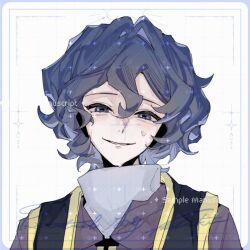Rule 34 | 1boy, blue eyes, blue hair, chinese commentary, chinsa, commentary request, curly hair, gold trim, highres, hood, hood down, hoodie, looking at viewer, male focus, open mouth, portrait, purple hoodie, saibou shinkyoku, sample watermark, shirt, short hair, smile, solo, stole, sweat, utsugi noriyuki, watermark, white shirt