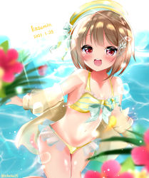 Rule 34 | 1girl, absurdres, aqua bow, artist name, artist request, bare legs, bare shoulders, bikini, blush, bow, breasts, brown hair, cleavage, collarbone, female focus, grey hair, hair bow, hair ornament, hat, highres, kihaku, leaf hair ornament, light brown hair, looking at viewer, love live!, love live! nijigasaki high school idol club, love live! school idol festival, nakasu kasumi, ocean, parted lips, purple eyes, red eyes, short hair, small breasts, smile, solo, star (symbol), star hair ornament, striped bikini, striped bow, striped clothes, sunlight, swimsuit, x hair ornament, yellow bikini, yellow neckwear