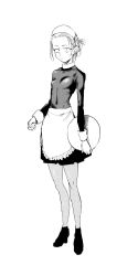 Rule 34 | 1girl, breasts, closed mouth, covered navel, dagashi kashi, earrings, endou saya, full body, greyscale, highres, jewelry, kotoyama, looking at viewer, maid, monochrome, pantyhose, sanpaku, short hair, simple background, small breasts, solo, standing, white background