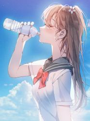 Rule 34 | 1girl, absurdres, blue sailor collar, blue sky, blush, bottle, bow, bowtie, brown hair, closed eyes, cloud, drinking, hand up, highres, holding, holding bottle, long hair, original, outdoors, patch oxxo, red bow, red bowtie, sailor collar, school uniform, serafuku, shirt, short sleeves, sky, solo, twintails, water bottle, white shirt