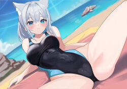 Rule 34 | 1girl, animal ear fluff, animal ears, beach, black one-piece swimsuit, blue archive, blue eyes, blue sky, breasts, cloud, competition swimsuit, covered navel, cross hair ornament, day, extra ears, grey hair, hair ornament, halo, hitachi sou, horizon, low ponytail, medium breasts, medium hair, mismatched pupils, multicolored clothes, multicolored swimsuit, ocean, one-piece swimsuit, outdoors, rock, shiroko (blue archive), shiroko (swimsuit) (blue archive), sky, solo, spread legs, swimsuit, water, wolf ears