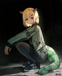 Rule 34 | 1girl, absurdres, arknights, arm rest, artist name, black background, black dress, black footwear, black thighhighs, blonde hair, blunt bangs, blunt ends, closed mouth, dress, green jacket, hair ornament, highres, horns, jacket, looking at viewer, looking to the side, open clothes, open jacket, pointy ears, red eyes, shoes, short hair, simple background, squatting, tail, thighhighs, tight clothes, tight dress, vanilla (arknights), vladislav ton