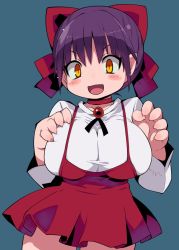 Rule 34 | 1girl, :d, blue background, blush, breasts, choker, commentary request, copyright request, dress, fangs, fingernails, gegege no kitarou, hair ribbon, hands up, highres, large breasts, long sleeves, looking at viewer, nekomusume, open mouth, orange eyes, pointy ears, purple hair, red choker, red dress, red ribbon, ribbon, sharp fingernails, shirt, short hair, simple background, slit pupils, smile, solo, standing, white shirt, zankuro