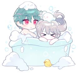 Rule 34 | &gt; &lt;, + +, blush, brown hair, chaos (g ieep), chibi, closed eyes, closed mouth, g ieep, green hair, hair between eyes, maplestory, nicky angler, nude, on head, red eyes, rubber duck, same-sex bathing, shared bathing, simple background, soap bubbles, thick eyebrows, twintails, white background
