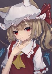 Rule 34 | 1girl, absurdres, animal ear fluff, animal ears, ascot, brown hair, collared shirt, crystal, ears through headwear, flandre scarlet, frilled shirt collar, frills, grey background, hand up, hat, highres, hinata (user rjkt4745), kemonomimi mode, looking at viewer, mob cap, one side up, parted lips, puffy short sleeves, puffy sleeves, red eyes, red vest, shirt, short sleeves, simple background, solo, touhou, upper body, vest, white hat, white shirt, wings, yellow ascot