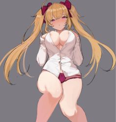 Rule 34 | 1girl, ahoge, blonde hair, blush, bow, breasts, cleavage, feet out of frame, grey background, hair between eyes, hair bow, hands on own chest, heart, heart-shaped pupils, large breasts, long hair, long sleeves, looking at viewer, lying, nijisanji, nipple slip, nipples, on back, panties, parted lips, partially unbuttoned, purple eyes, red bow, red panties, seinen, shirt, simple background, solo, symbol-shaped pupils, takamiya rion, thighs, twintails, underwear, very long hair, virtual youtuber, white shirt
