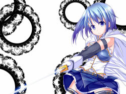 Rule 34 | 10s, 1girl, blue eyes, blue hair, boots, cape, frills, frown, gloves, mad (hazukiken), magical girl, mahou shoujo madoka magica, mahou shoujo madoka magica (anime), matching hair/eyes, miki sayaka, pleated skirt, short hair, skirt, solo, sword, thigh boots, thighhighs, weapon