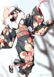Rule 34 | 1girl, black kimono, blurry, blurry background, brown eyes, brown hair, commentary request, floral print, fur-trimmed kimono, fur trim, holding, japanese clothes, jonsun, kimono, looking up, new year, obi, original, print kimono, sash, shiori (jonsun), short hair, socks, solo, tabi, white socks, wide sleeves