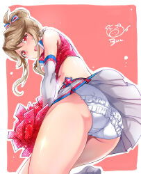 Rule 34 | 1girl, absurdres, ass, bare shoulders, blush, border, bow, breasts, brown hair, cheerleader, clothes lift, crop top, cropped shirt, earrings, elbow gloves, from behind, from below, glint, gloves, hair bow, hair bun, hair ribbon, highres, holding, holding pom poms, idol, idolmaster, idolmaster million live!, idolmaster million live! theater days, jewelry, long hair, looking at viewer, looking back, looking down, medium breasts, midriff, miniskirt, open mouth, outside border, panties, pantyshot, pleated skirt, pom pom (cheerleading), pom poms, red background, red eyes, red shirt, ribbon, shirt, shy, sidelocks, signature, single hair bun, skirt, skirt lift, sleeveless, sleeveless shirt, solo, standing, standing on one leg, sweatdrop, takahiro (crimson bolt), tenkuubashi tomoka, two-tone ribbon, underwear, white border, white gloves, white panties, white skirt, wind, wind lift
