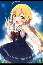 Rule 34 | 1girl, :d, ahoge, armpits, bare arms, bare shoulders, blonde hair, blue dress, blue eyes, blurry, blurry background, blush, bow, brown bow, commentary request, copyright request, day, depth of field, dress, fang, hair between eyes, hand up, highres, letterboxed, long hair, looking at viewer, low twintails, okota mikan, open mouth, outdoors, sailor collar, sailor dress, sleeveless, sleeveless dress, smile, solo, twintails, v, very long hair, virtual youtuber, white sailor collar