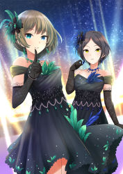 Rule 34 | 2girls, aqua eyes, black dress, black gloves, black hair, blue eyes, blue feathers, brown hair, cowboy shot, dress, earrings, elbow gloves, feathers, finger to mouth, gloves, green feathers, hair ornament, hayami kanade, heterochromia, idolmaster, idolmaster cinderella girls, idolmaster cinderella girls starlight stage, index finger raised, jewelry, kirifrog, looking at viewer, mole, mole under eye, multiple girls, mysterious eyes (idolmaster), necklace, outdoors, parted bangs, parted lips, pretty liar (idolmaster), print dress, short dress, short hair, sky, sleeveless, sleeveless dress, standing, star (sky), starry sky, strapless, strapless dress, takagaki kaede, yellow eyes