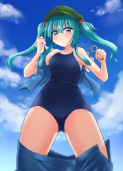 Rule 34 | 1girl, 3692materia, aqua hair, bare arms, bare shoulders, blue eyes, blue jacket, blue one-piece swimsuit, blue skirt, blue sky, blush, breasts, cabbie hat, clothes pull, cloud, commentary request, cowboy shot, day, from below, gluteal fold, green hat, hair between eyes, hair bobbles, hair ornament, hands up, hat, highres, holding, holding key, jacket, kawashiro nitori, key, looking at viewer, looking down, medium breasts, one-piece swimsuit, outdoors, parted lips, school swimsuit, short sleeves, sidelocks, skirt, skirt pull, sky, solo, standing, swimsuit, thighs, touhou, two side up