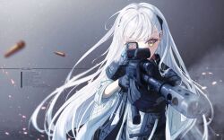 Rule 34 | 1girl, absurdres, ak-alfa, ak-alfa (girls&#039; frontline), bag, black bag, black gloves, black jacket, blunt bangs, casing ejection, commentary, english text, firing, girls&#039; frontline, gloves, gun, hair ornament, highres, holding, holding gun, holding weapon, jacket, long hair, multicolored clothes, multicolored jacket, red dot sight, shell casing, shoulder bag, siki10ga, smoke, sparks, swept bangs, two-tone background, two-tone jacket, upper body, very long hair, weapon, white hair, white jacket, yellow eyes