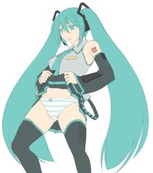 Rule 34 | 1girl, aqua eyes, aqua hair, bare shoulders, black thighhighs, blush, clothes lift, detached sleeves, flat color, hair ornament, hatsune miku, headphones, kasuga yukihito, long hair, necktie, panties, partially colored, skirt, skirt lift, solo, striped clothes, striped panties, sweatdrop, tattoo, thighhighs, twintails, underwear, unfinished, upskirt, very long hair, vocaloid