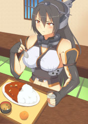 Rule 34 | 10s, 1girl, absurdres, black hair, breasts, curry, elbow gloves, female focus, fingerless gloves, food, gloves, hairband, headgear, highres, kantai collection, large breasts, long hair, nagato (kancolle), pm tii (matuko1024), red eyes, solo, spoon, sweat, table