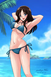 Rule 34 | 1girl, armpits, arms behind head, arms up, artist name, bikini, black hair, blue bikini, blue eyes, blue sky, breasts, cleavage, cloud, cloudy sky, commentary, dated, day, girls und panzer, halterneck, highres, horizon, island, large breasts, long hair, looking at viewer, matsui yasutsugu, megumi (girls und panzer), navel, ocean, open mouth, outdoors, palm tree, side-tie bikini bottom, signature, sky, smile, solo, standing, string bikini, swept bangs, swimsuit, tree
