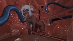 Rule 34 | 1girl, 3d, all fours, anal, animated, animated gif, blender (medium), breasts, brown eyes, closed eyes, closed mouth, completely nude, curled horns, dark-skinned female, dark skin, demon horns, demon tail, fellatio, horns, looping animation, niseoto, nude, oral, original, pointy ears, small breasts, solo, tail, tail grab, tentacle sex, tentacles, triple penetration, vaginal, white hair