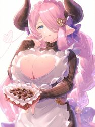Rule 34 | :p, apron, blue eyes, bow, box, box of chocolates, braid, breasts, chocolate, cleavage, cleavage cutout, clothing cutout, draph, finger to mouth, frilled apron, frills, granblue fantasy, hair bow, hair ornament, hair over one eye, heart, heart-shaped pupils, heart cutout, highres, holding, honyaru (nanairo39), horns, large breasts, light purple hair, long hair, narmaya (granblue fantasy), narmaya (valentine) (granblue fantasy), pointy ears, solo, symbol-shaped pupils, tongue, tongue out, twin braids, twintails, white apron, white background