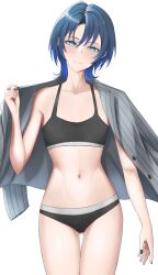 Rule 34 | 1girl, black nails, black panties, blazer, blue eyes, blue hair, cowboy shot, flat chest, gluteal fold, grey jacket, highres, hiodoshi ao, hololive, jacket, jewelry, looking at viewer, mole, mole under mouth, navel, open clothes, open jacket, panties, parted bangs, parted lips, pinstripe jacket, pinstripe pattern, ring, short hair, simple background, smile, solo, sports bra, stomach, striped, striped jacket, underwear, uragawa314, vertical-striped jacket, vertical stripes, virtual youtuber, white background