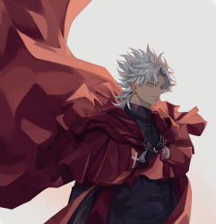 Rule 34 | 1boy, absurdres, amakusa shirou (fate), brown eyes, cape, closed mouth, commentary request, cross, cross necklace, cross print, dark-skinned male, dark skin, earrings, fate/apocrypha, fate/grand order, fate (series), gradient background, highres, jewelry, long sleeves, looking away, male focus, mutsu (621300), necklace, parted bangs, priest, red cape, short hair, smile, solo, stole, tassel, teeth, upper body, white hair, yellow eyes